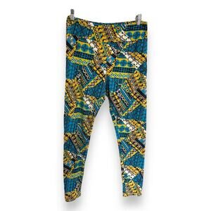 LuLaRoe Womens Leggings Sz TC Blue Yellow Black‎ White Art Deco 12 14 16 18